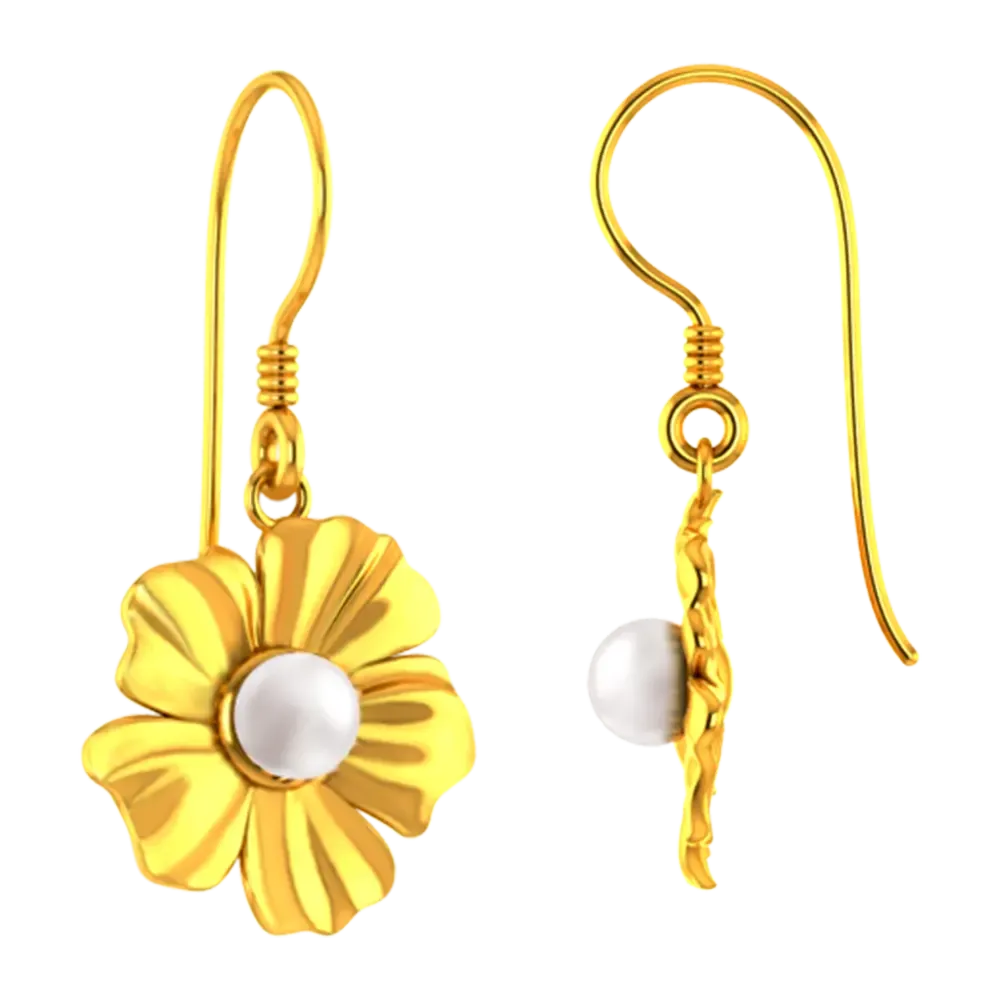 14k Flower Shaped Earrings With Gold Petals And A Pearl In Between