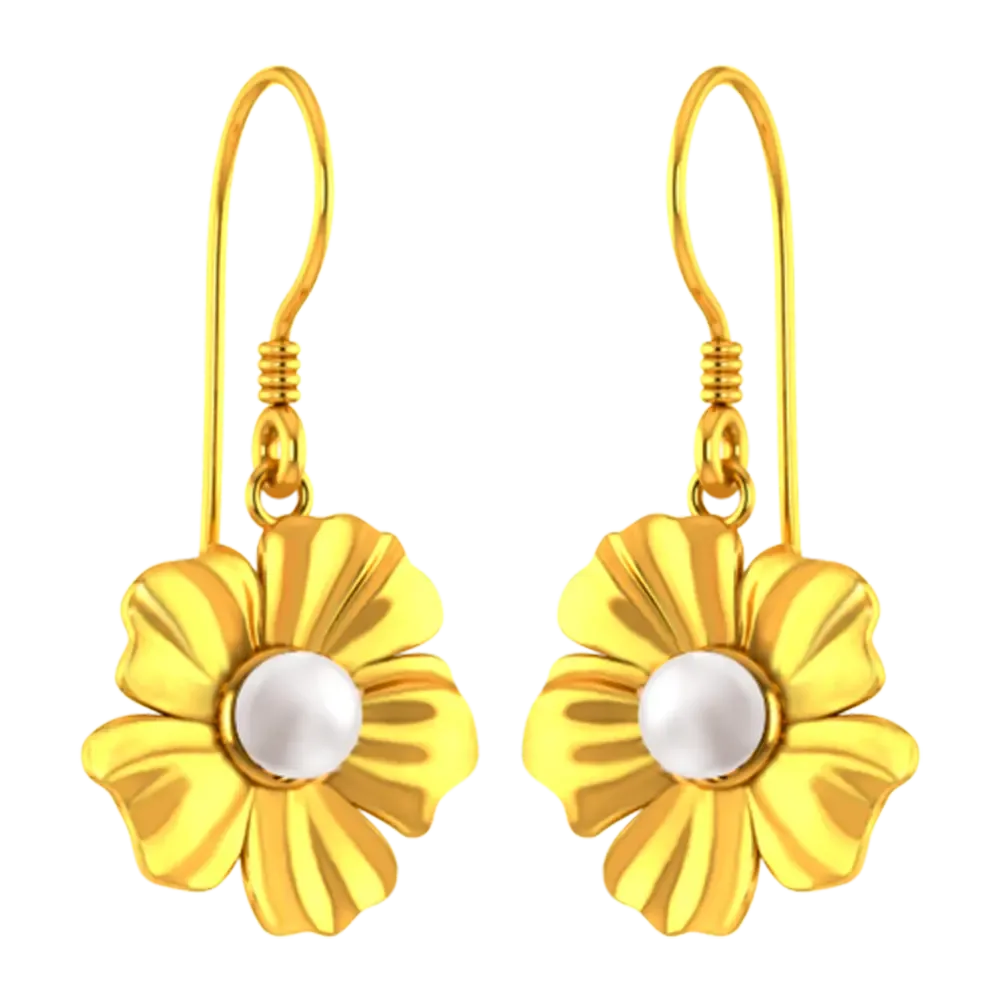 14k Flower Shaped Earrings With Gold Petals And A Pearl In Between