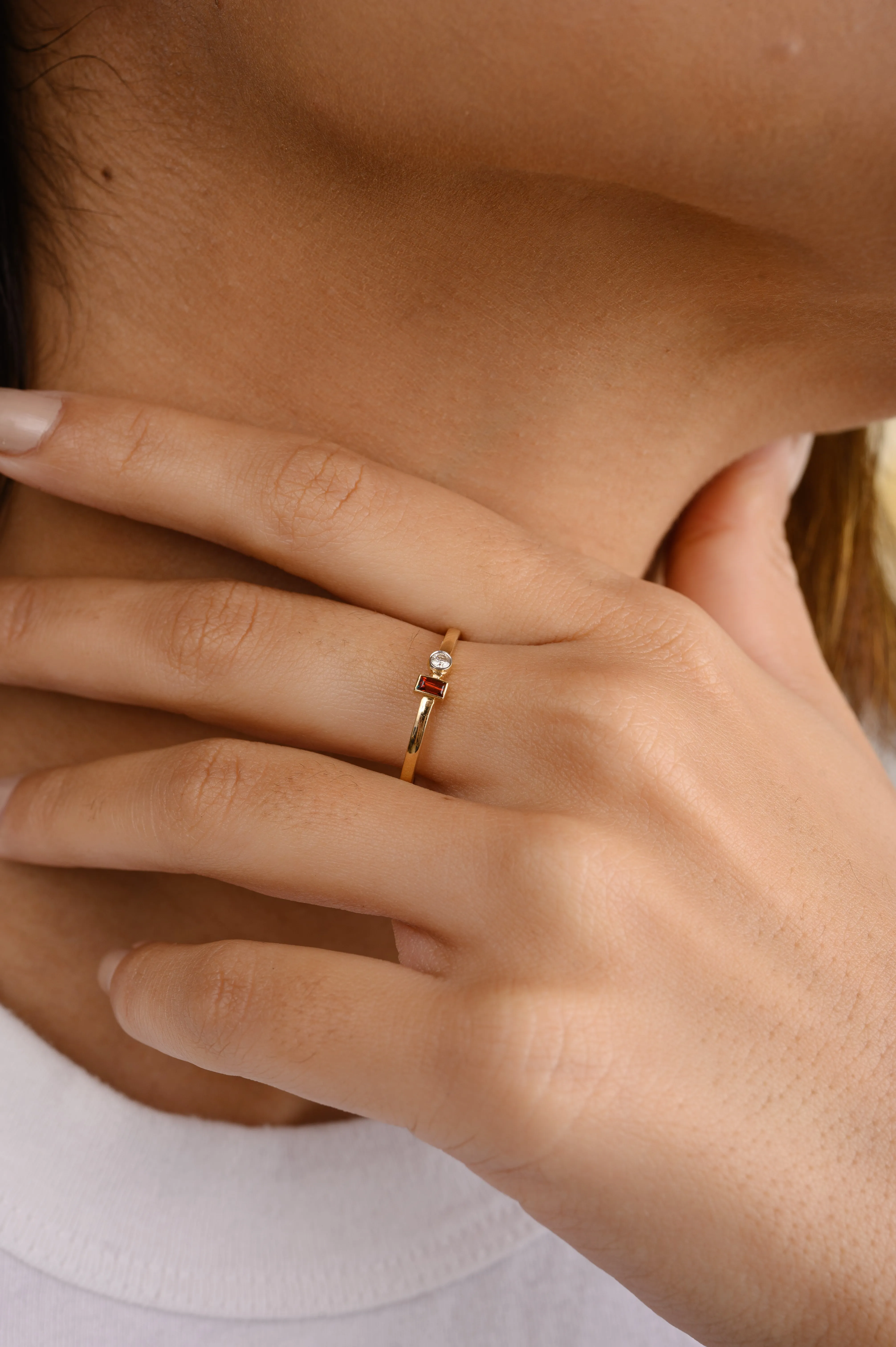 14K Gold Garnet Diamond Dainty Toi Et Moi Ring