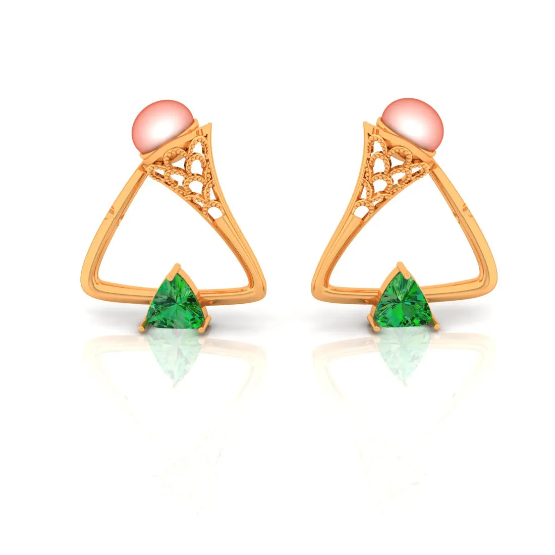 14k Triangular Shaped Gold Earrings With Green Stone