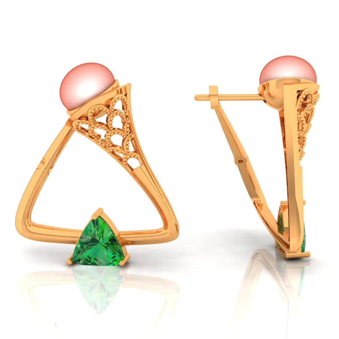 14k Triangular Shaped Gold Earrings With Green Stone