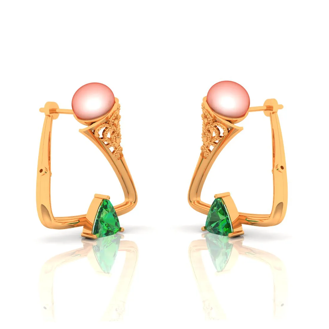 14k Triangular Shaped Gold Earrings With Green Stone