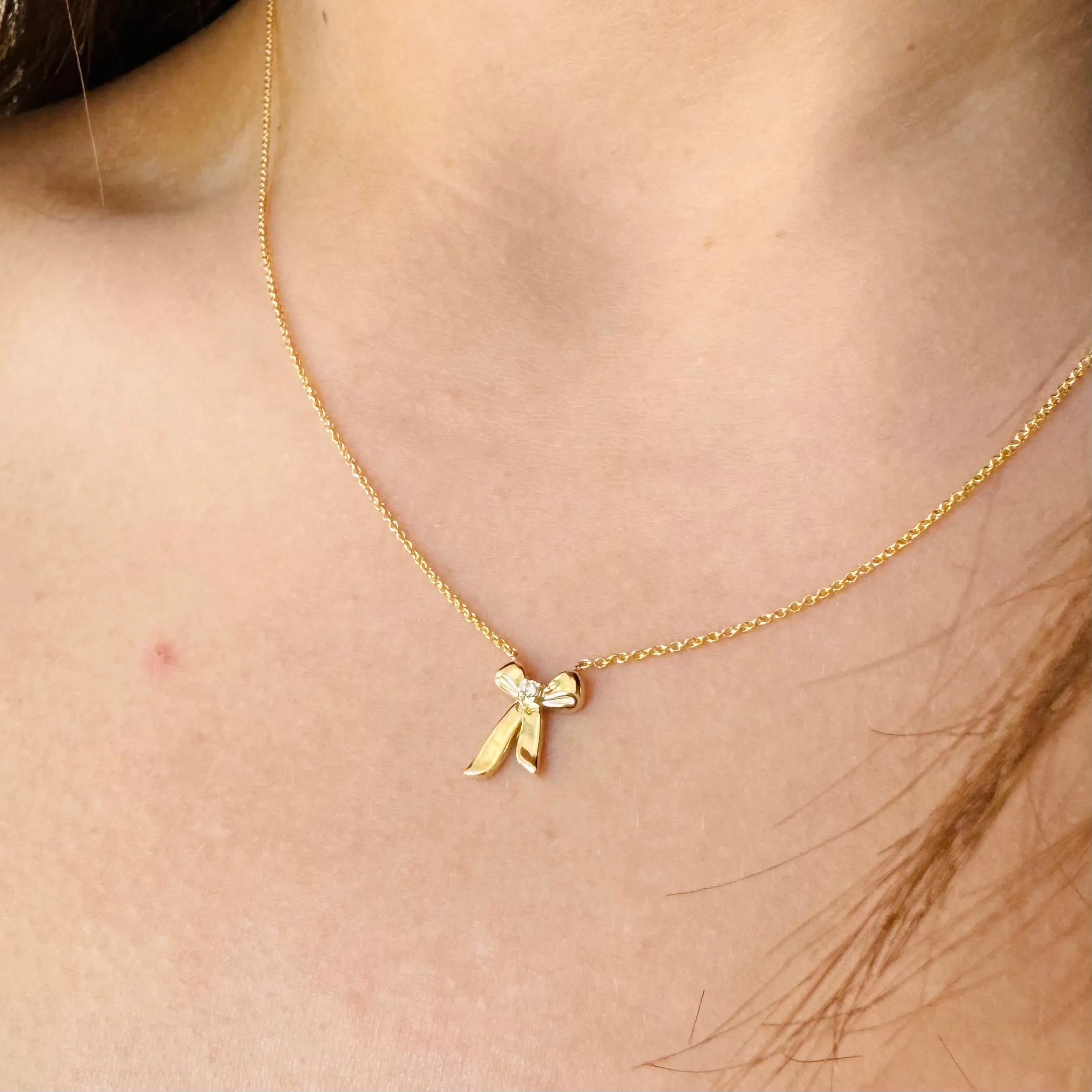 14K Yellow Gold Diamond Bow Necklace