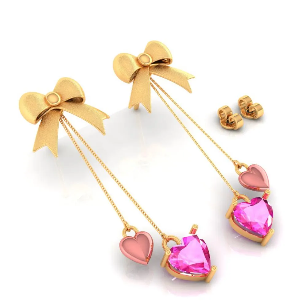 18k Hearts With Bow Style Gold Earrings