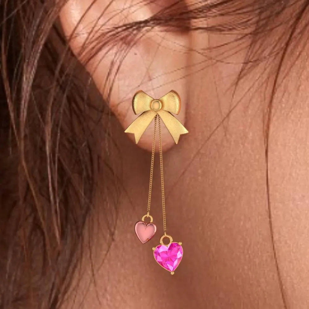 18k Hearts With Bow Style Gold Earrings