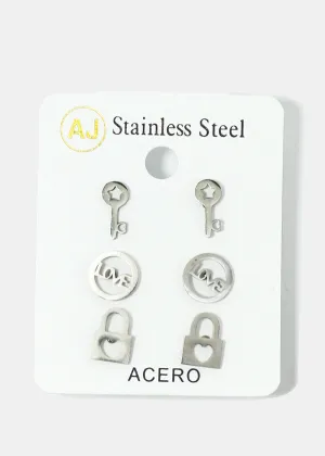 3-Pair Key & Lock Stud Earrings