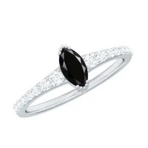 3/4 CT Marquise Cut Black Spinel and Diamond Minimal Promise Ring