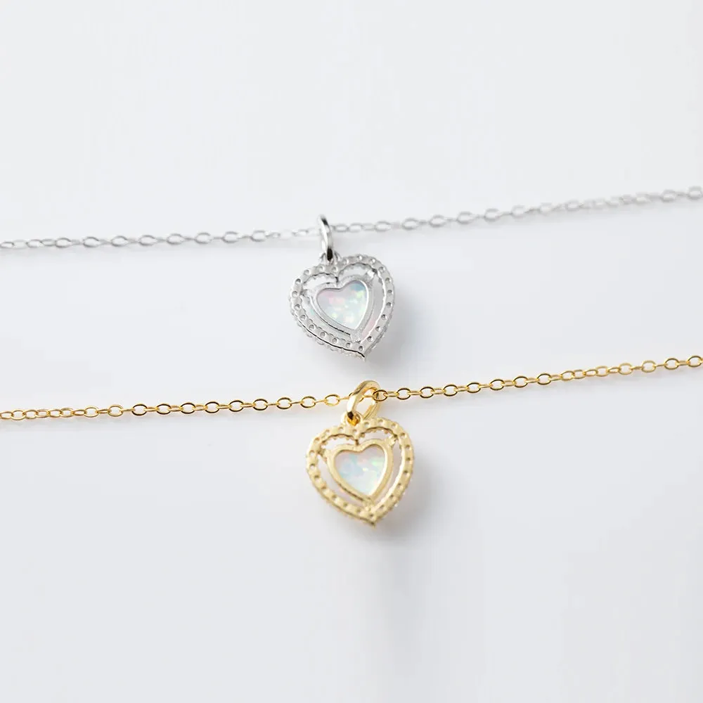 925 Sterling Silver Earring and Necklace Charm Jewelry Set - Light Opal Peach Heart - Xm258