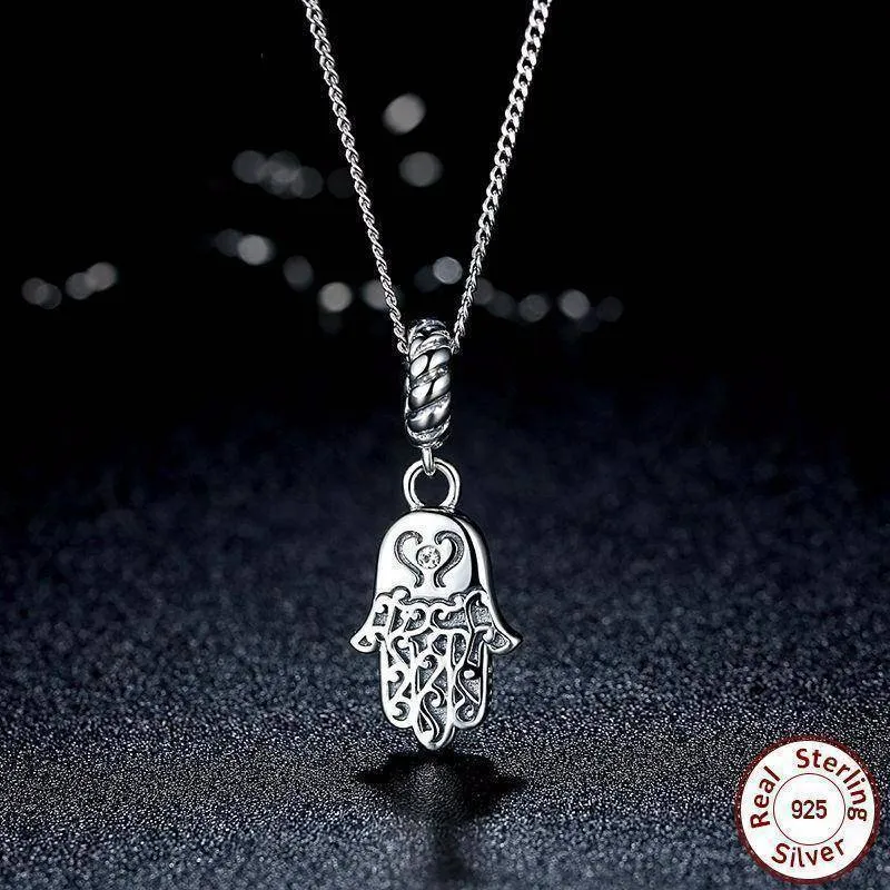 925 Sterling Silver Lucky Hamsa Pendant Necklace Women Fine Jewelry