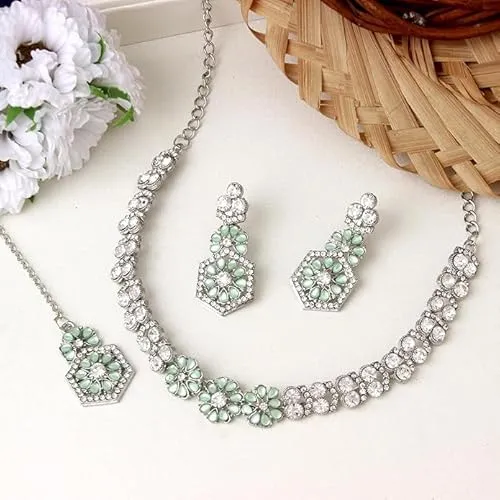 AD Studded Engagement Necklace Earrings Maang Tikka Set