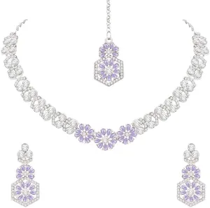 AD Studded Engagement Necklace Earrings Maang Tikka Set