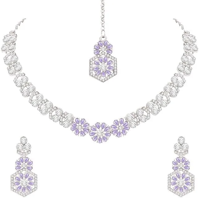 AD Studded Engagement Necklace Earrings Maang Tikka Set