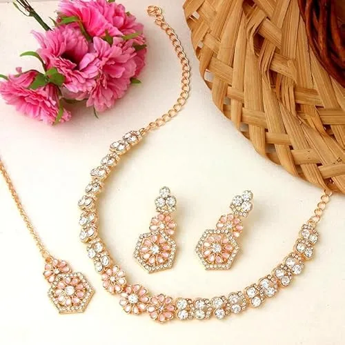 AD Studded Engagement Necklace Earrings Maang Tikka Set