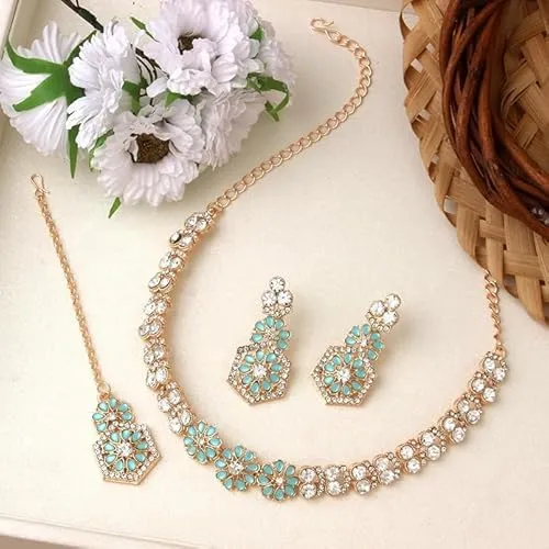 AD Studded Engagement Necklace Earrings Maang Tikka Set