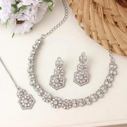 AD Studded Engagement Necklace Earrings Maang Tikka Set