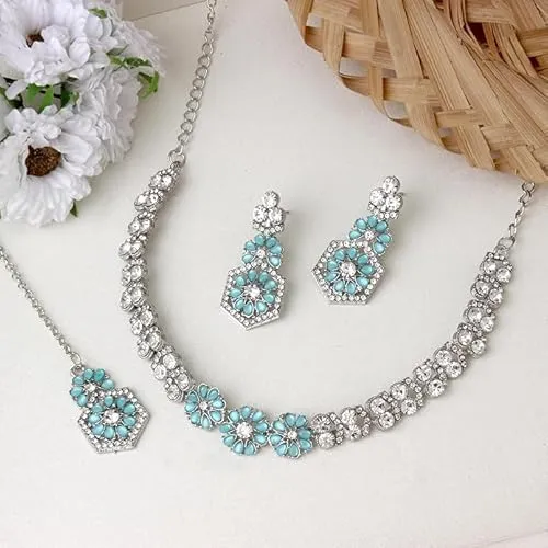 AD Studded Engagement Necklace Earrings Maang Tikka Set