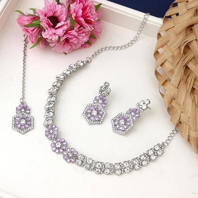 AD Studded Engagement Necklace Earrings Maang Tikka Set