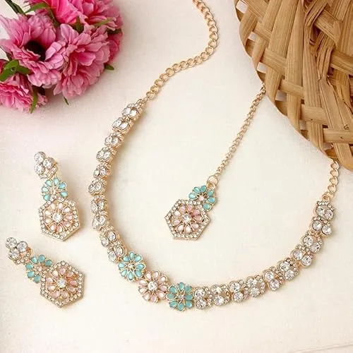 AD Studded Engagement Necklace Earrings Maang Tikka Set