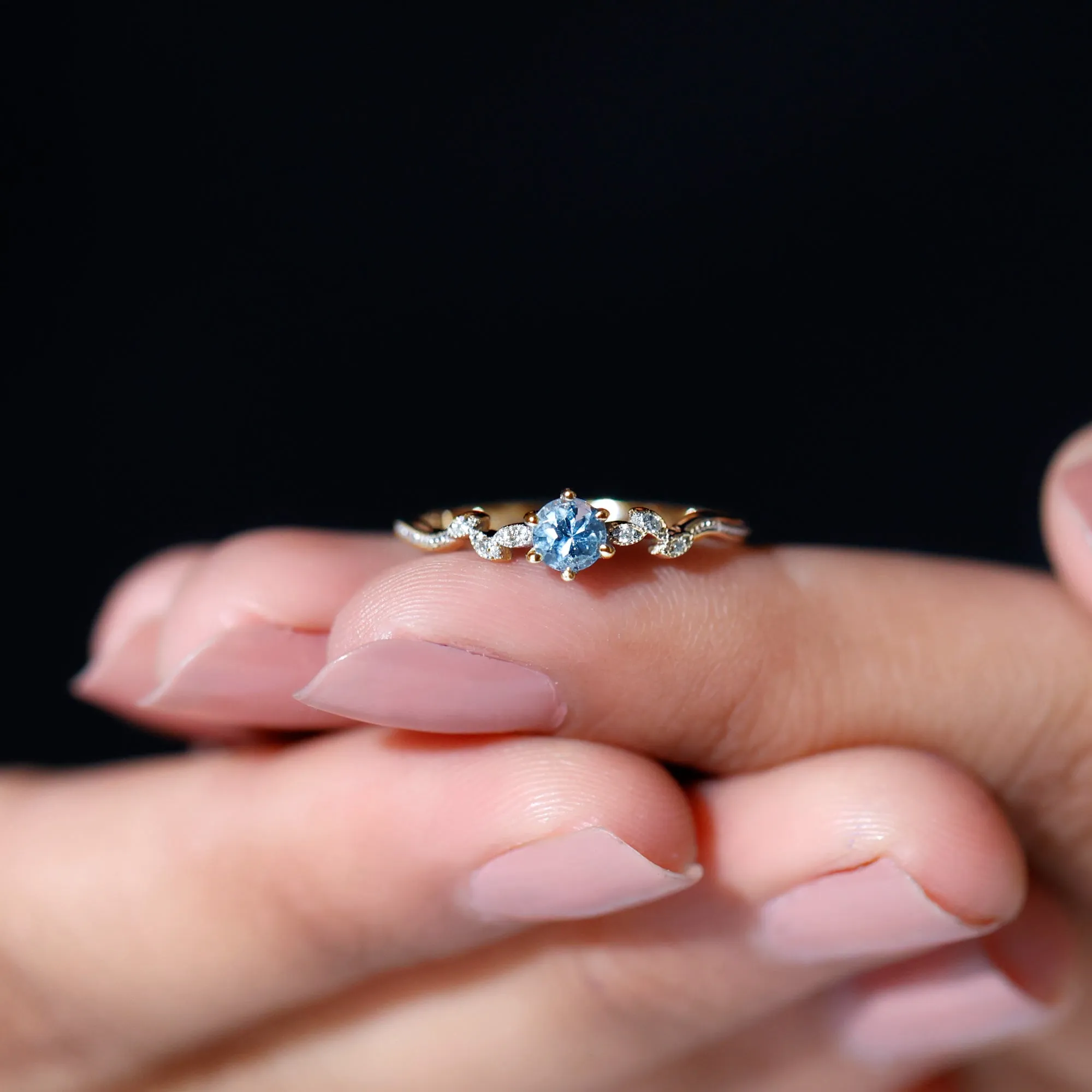 Aquamarine and Diamond Minimal Leaf Promise Ring