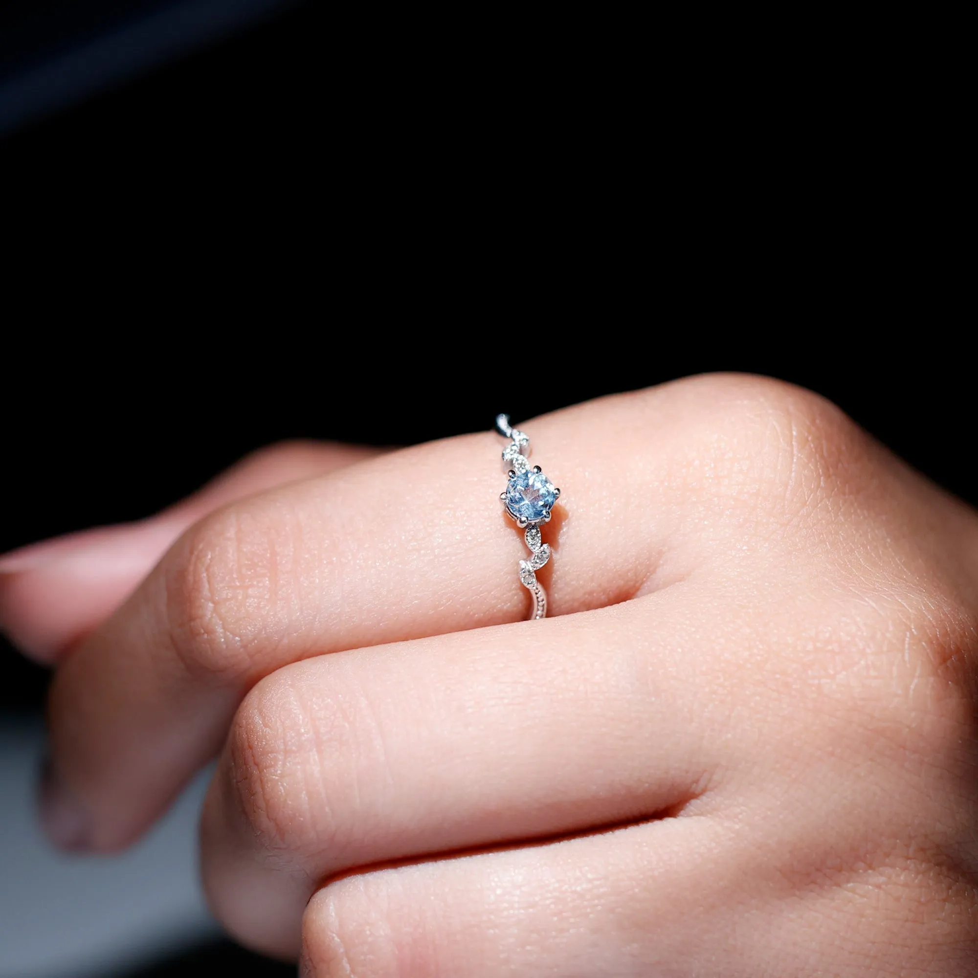 Aquamarine and Diamond Minimal Leaf Promise Ring