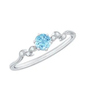 Aquamarine and Diamond Minimal Leaf Promise Ring