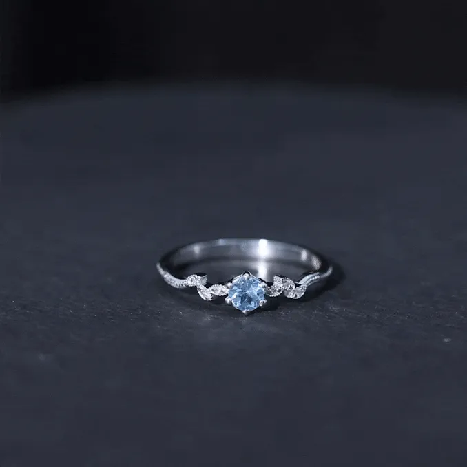 Aquamarine and Diamond Minimal Leaf Promise Ring