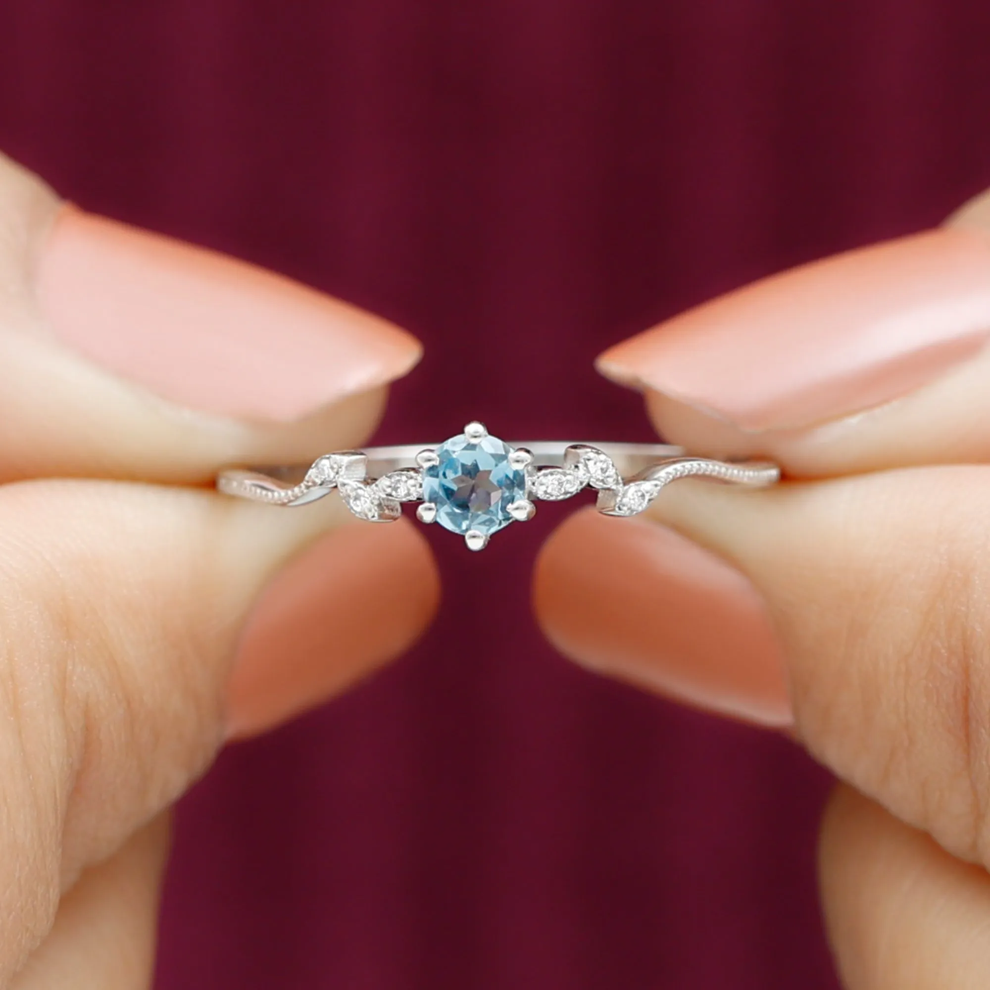 Aquamarine and Diamond Minimal Leaf Promise Ring