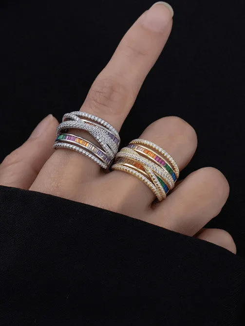 Baguette Stack X Ring .925 Sterling Silver 18K Gold Plated Zircon Statement Rings