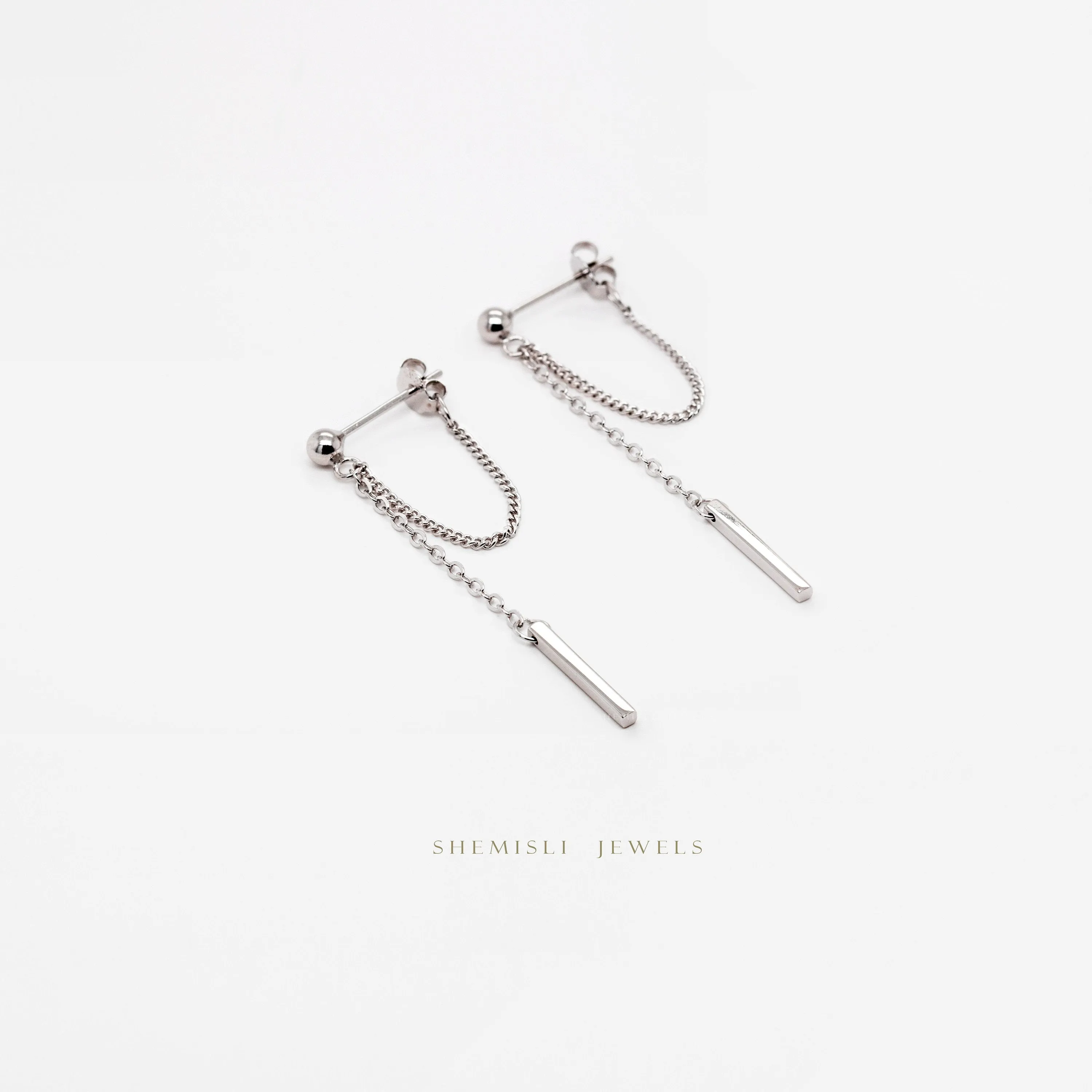 Bar Dangle Chain Studs Earrings, Unisex, Gold, Silver SHEMISLI SS199