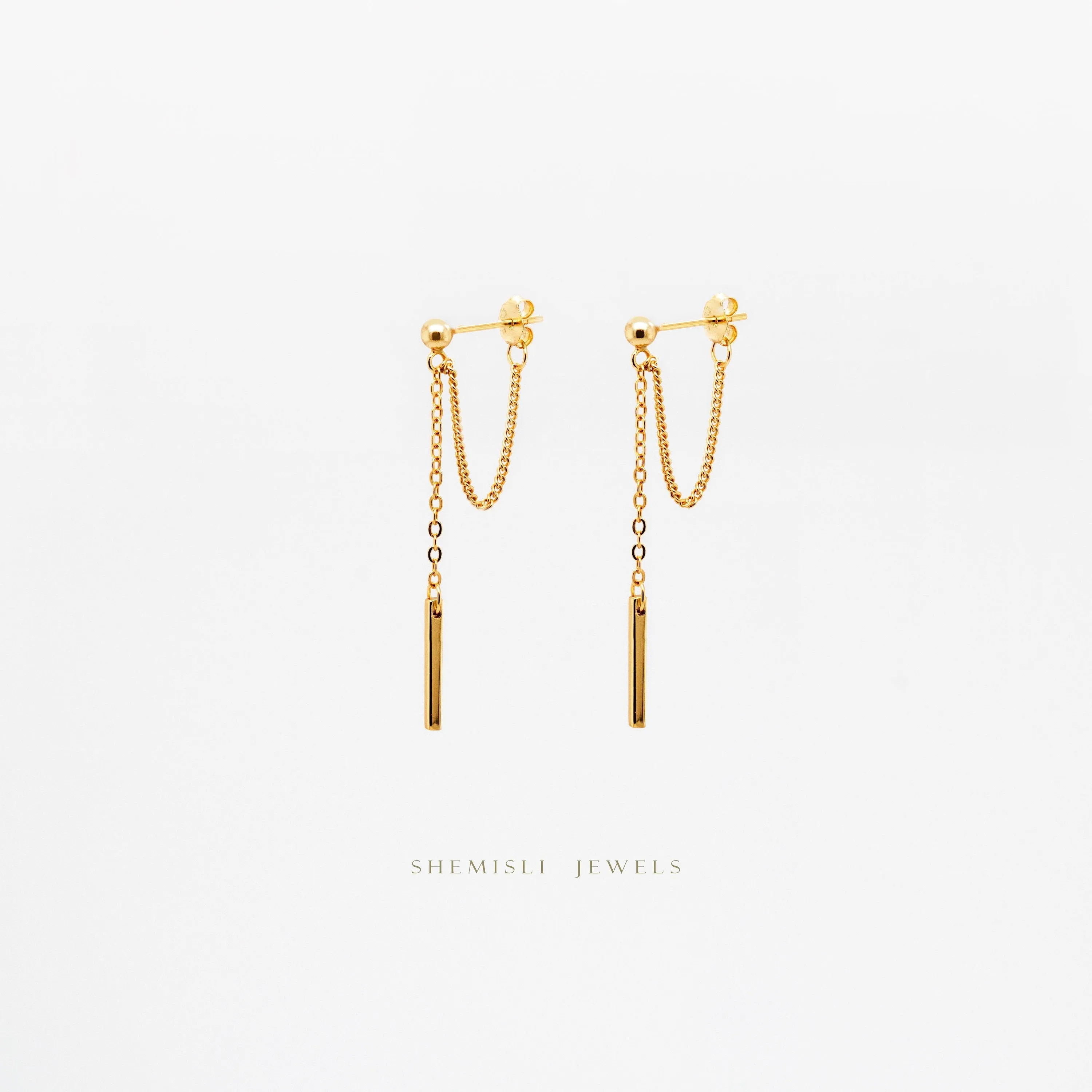 Bar Dangle Chain Studs Earrings, Unisex, Gold, Silver SHEMISLI SS199