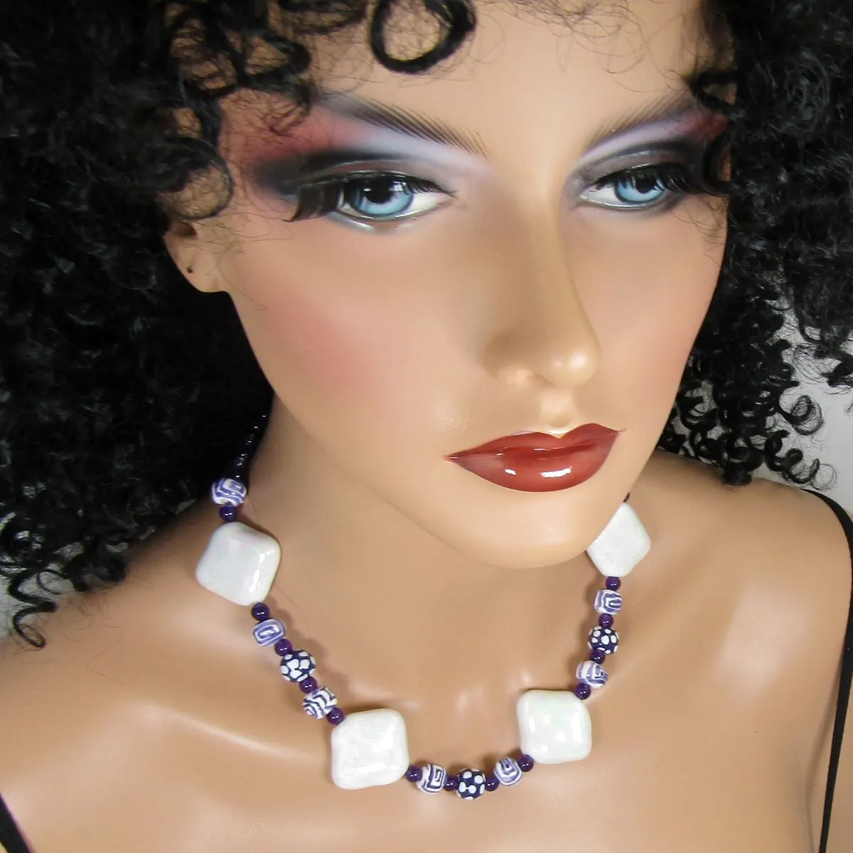 Big Bold Statement Kazuri Necklace White & Purple