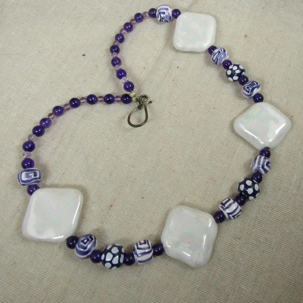 Big Bold Statement Kazuri Necklace White & Purple