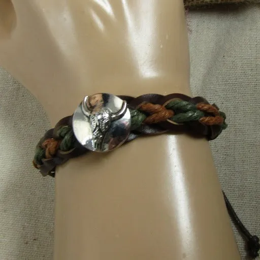 Brown & Green Leather Braided  Bracelet Bull Head Accent Unisex