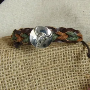 Brown & Green Leather Braided  Bracelet Bull Head Accent Unisex