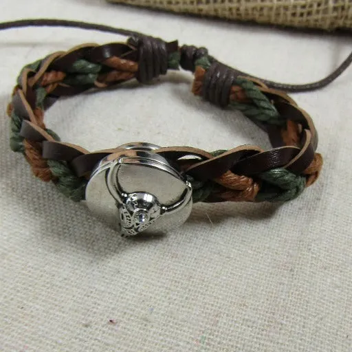 Brown & Green Leather Braided  Bracelet Bull Head Accent Unisex