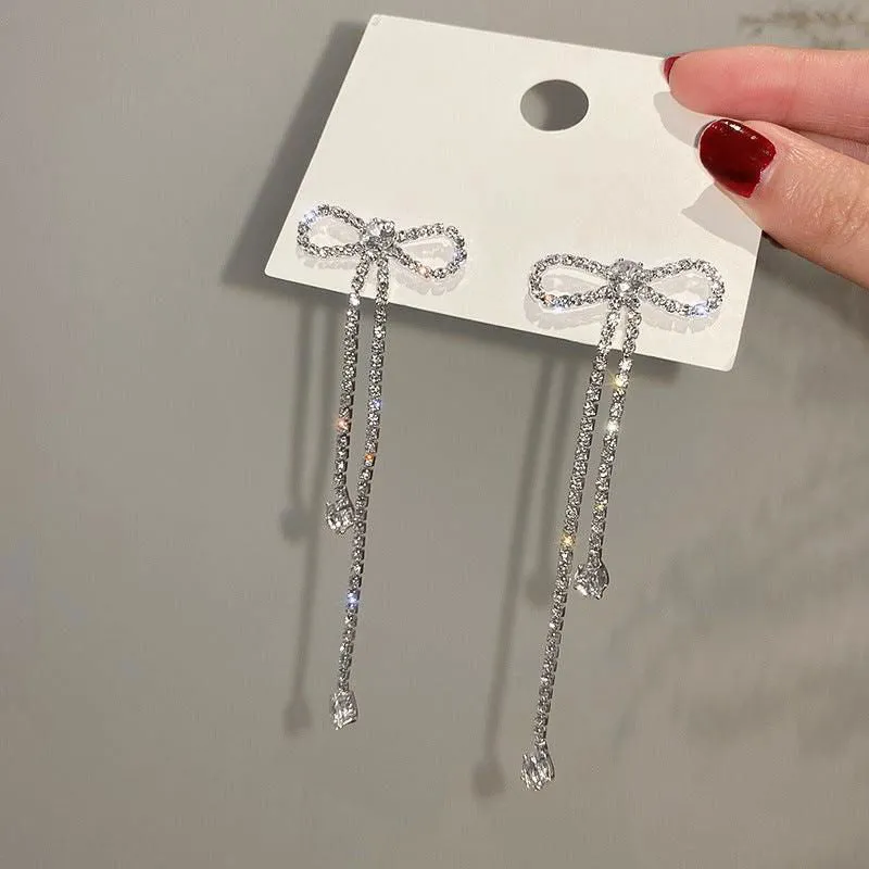 Chic Silver Needle Bow Tie Stud Earrings for Women