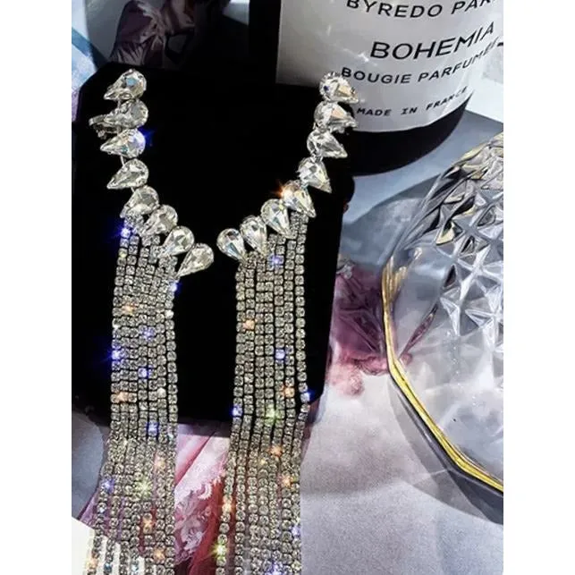 Firework Rhinestone Cuff Tassle Earrings