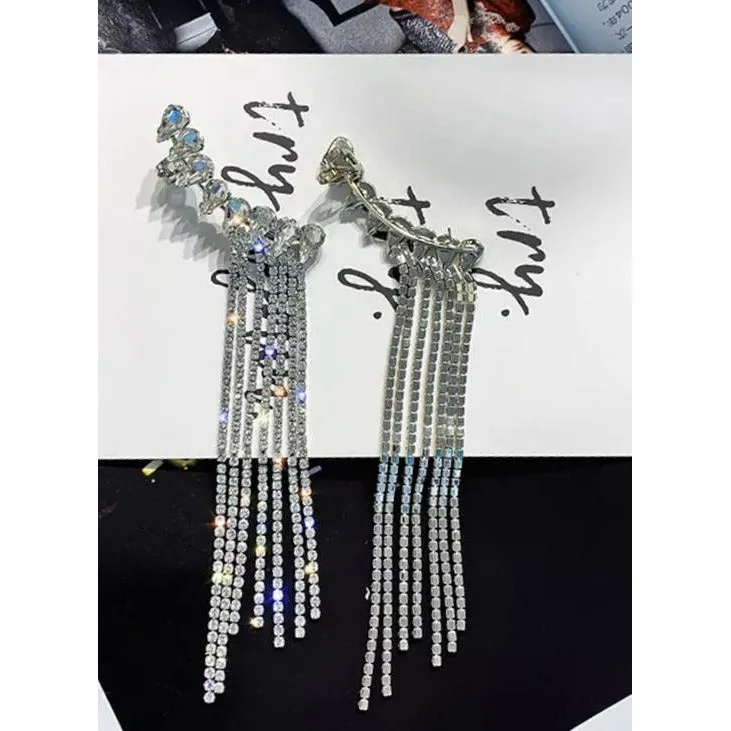 Firework Rhinestone Cuff Tassle Earrings