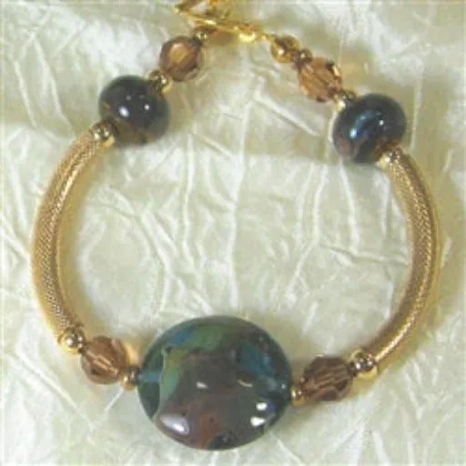 Gold Bangle Bracelet  with Blue Green Handmade Bead