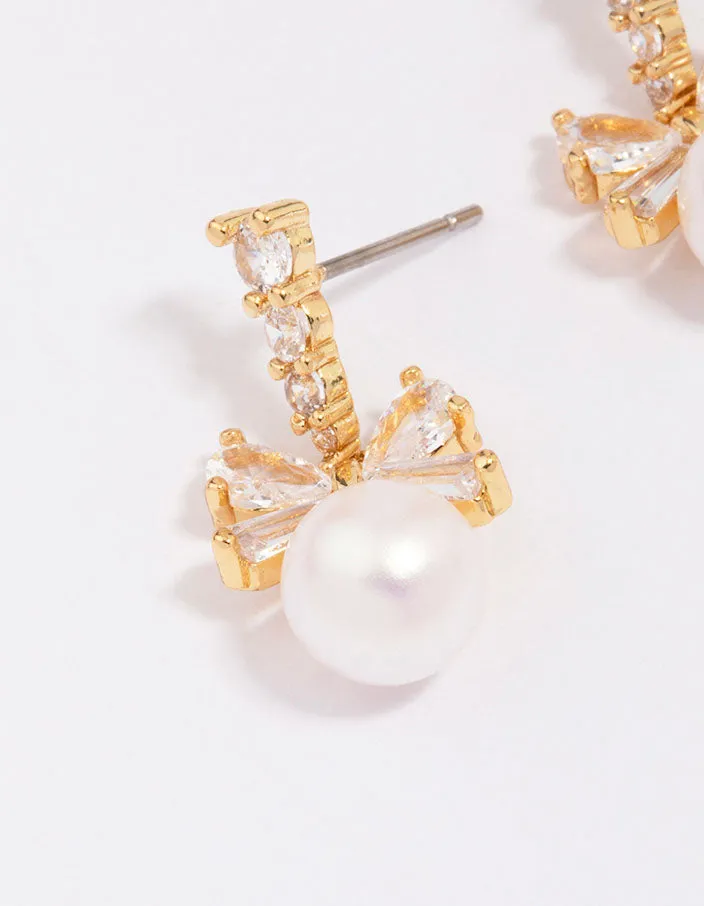 Gold Plated Cubic Zirconia Bow & Pearl Drop Earrings