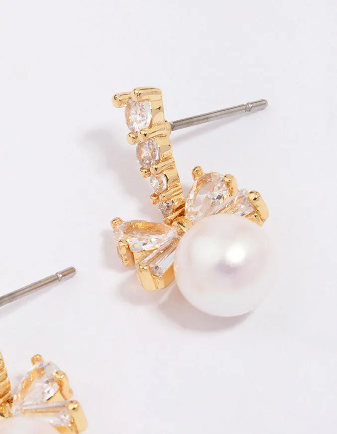 Gold Plated Cubic Zirconia Bow & Pearl Drop Earrings