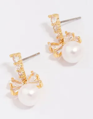 Gold Plated Cubic Zirconia Bow & Pearl Drop Earrings