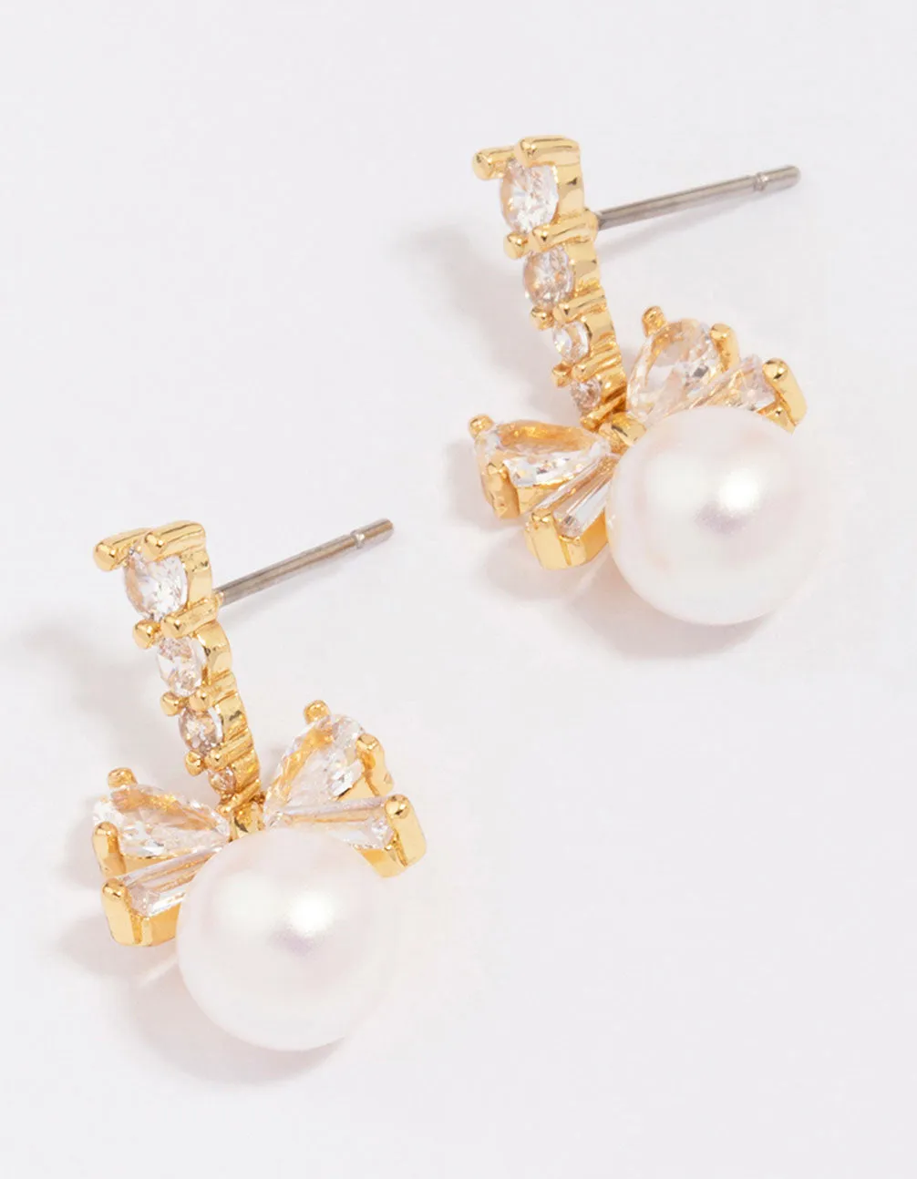 Gold Plated Cubic Zirconia Bow & Pearl Drop Earrings