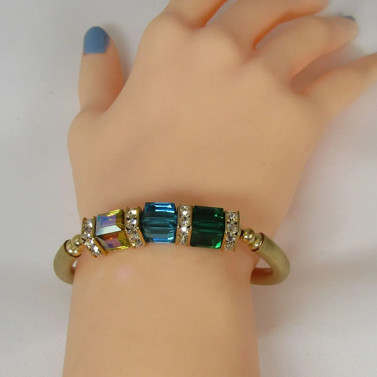 Handmade Gold Bangle Bracelet with Crystal Cubes