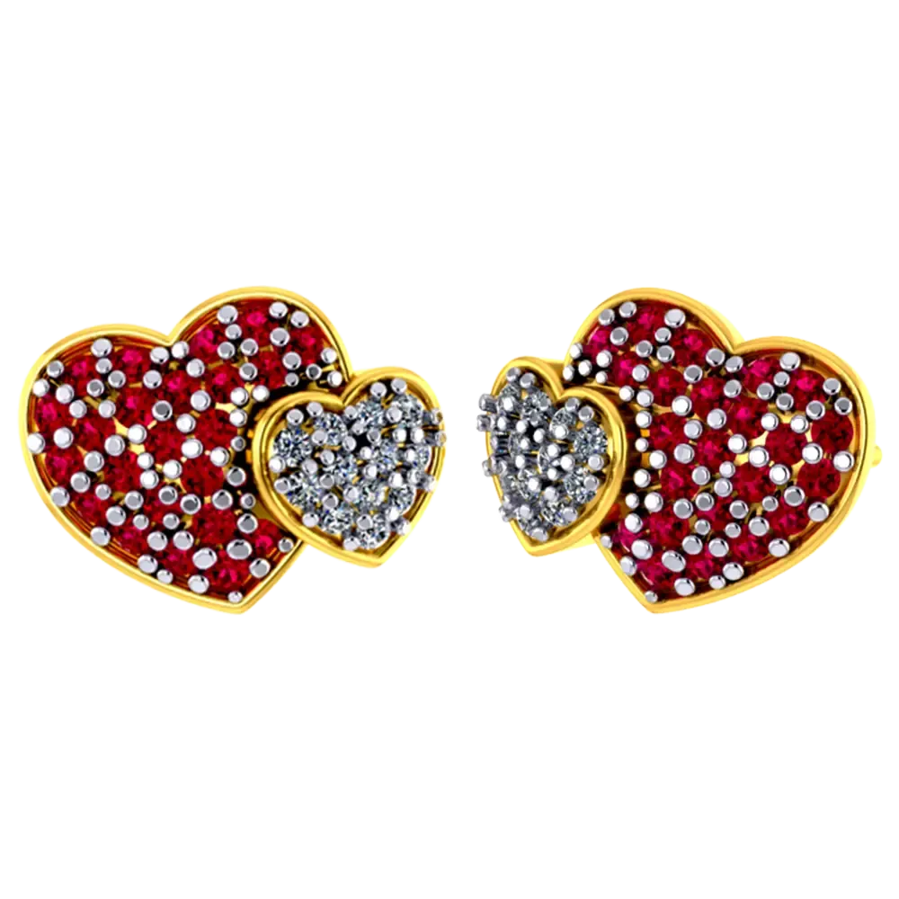 Heart-shaped 14k Gold Earrings With American Diamond And Ruby Detailing