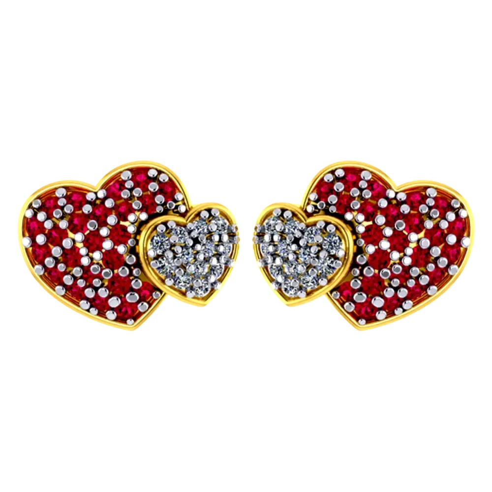 Heart-shaped 14k Gold Earrings With American Diamond And Ruby Detailing