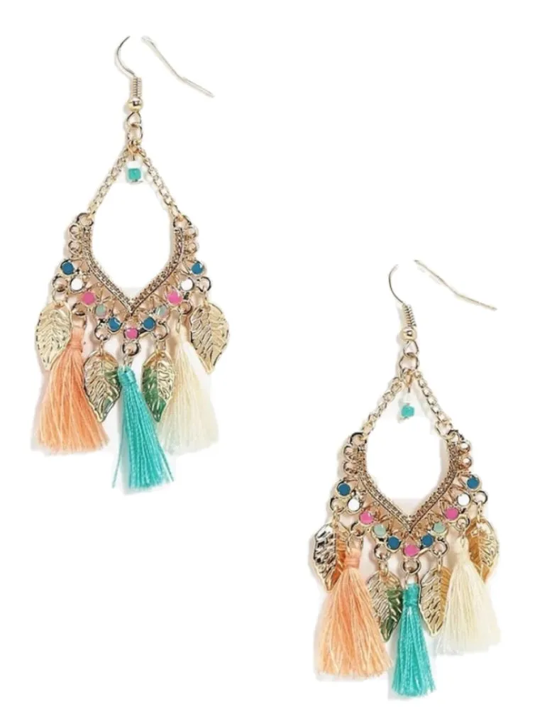 Leaf Charm Tassel Earrings