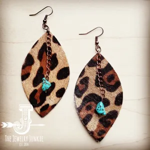 **Leather Oval Earrings Leopard w/ Turquoise Drops 201x