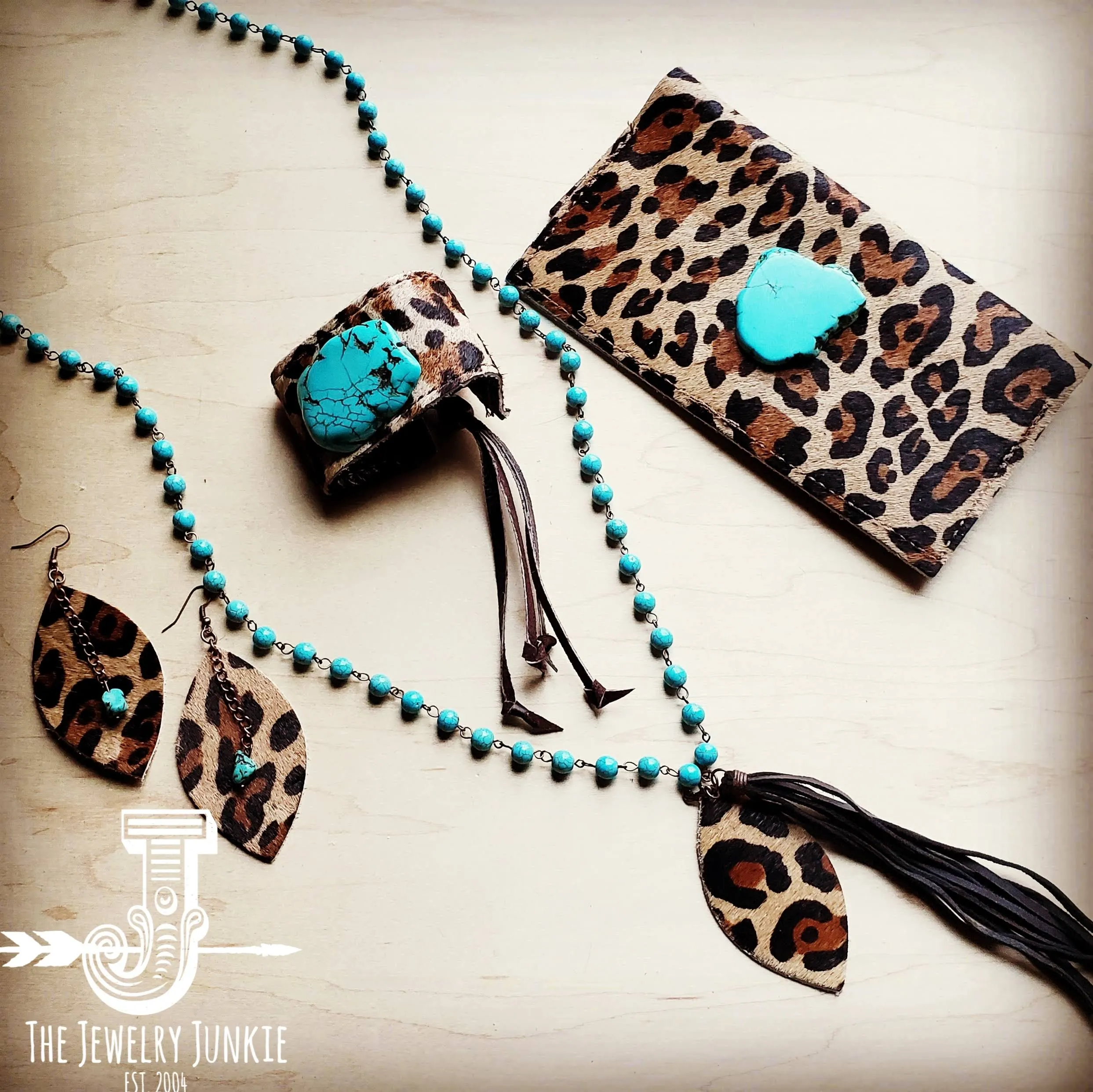 **Leather Oval Earrings Leopard w/ Turquoise Drops 201x