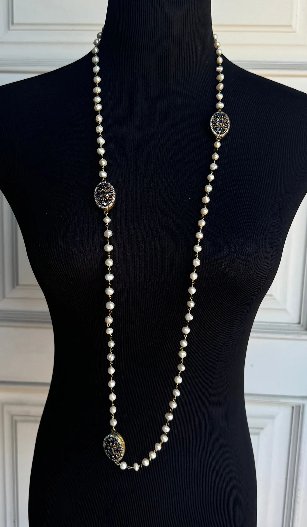 Long 2 way Pearl Strand Necklace - White/Blue